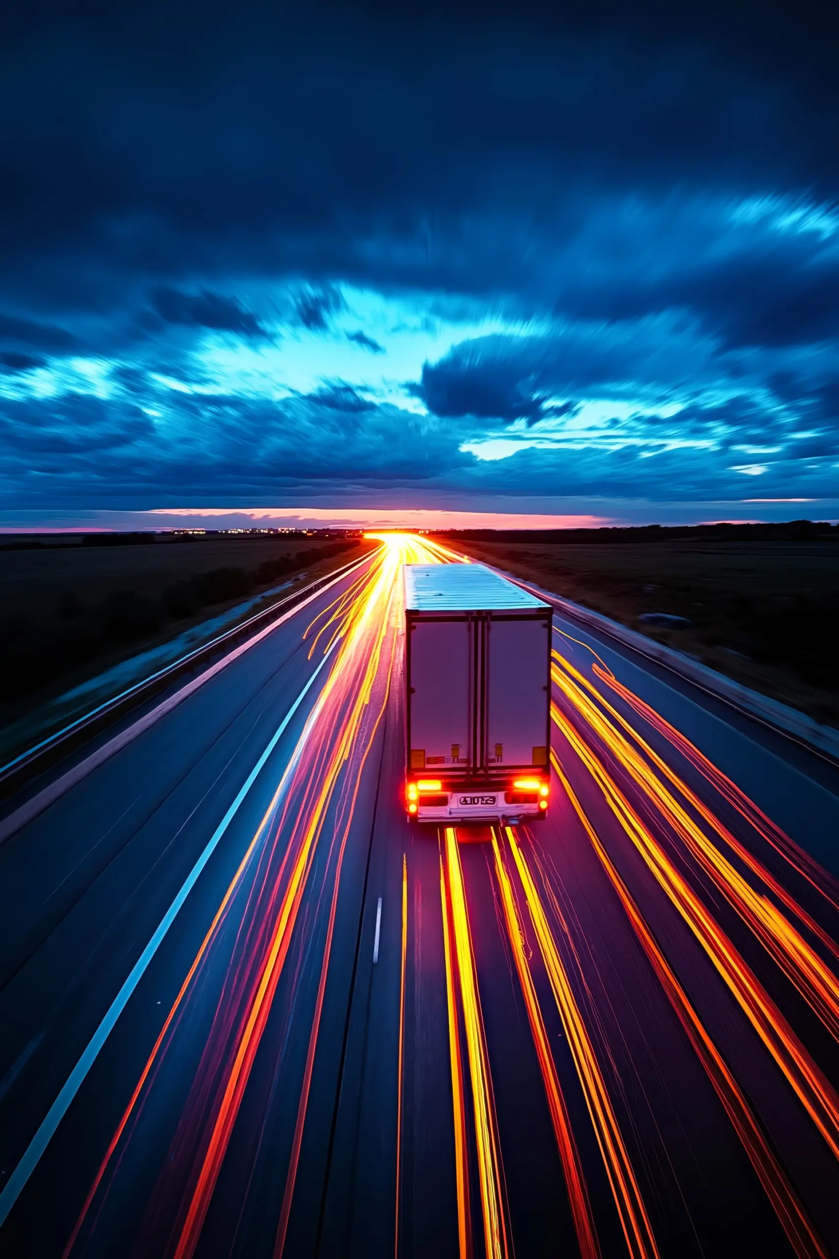 Long Exposure Shot Truck Driving Down Highway Night Scaled